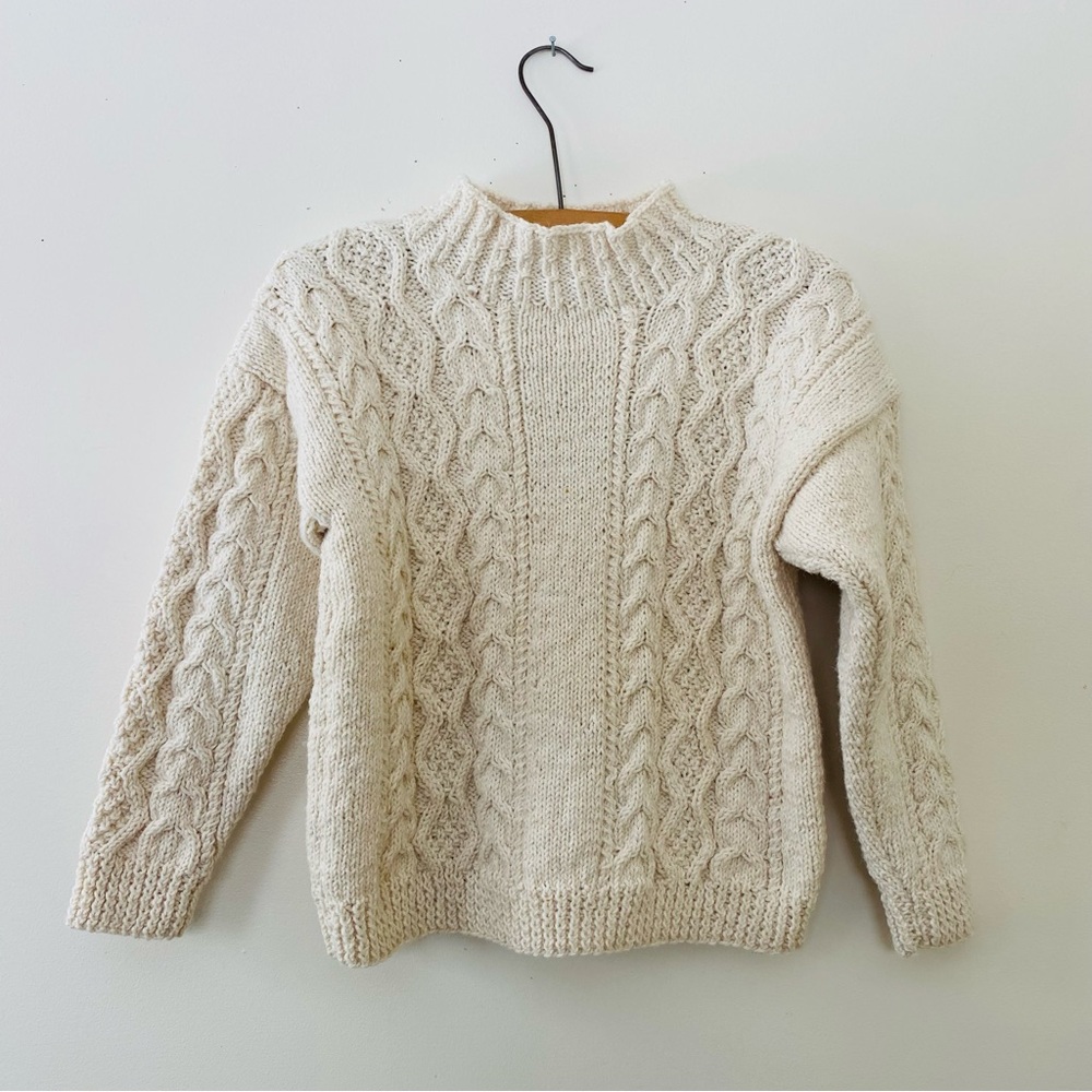 Vintage Handmade Wool Sweater Cream Fisherman Knit Aran Mock Turtleneck S M
